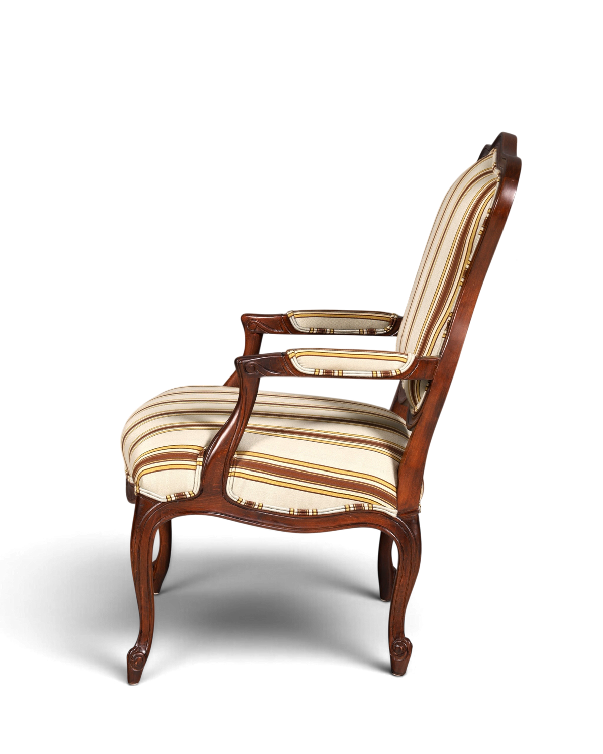 Hauptstadt Möblerei Drexel Heritage Monica Chair Armlehnsessel mit gestreiftem Stoffbezug und dunklem Holzrahmen