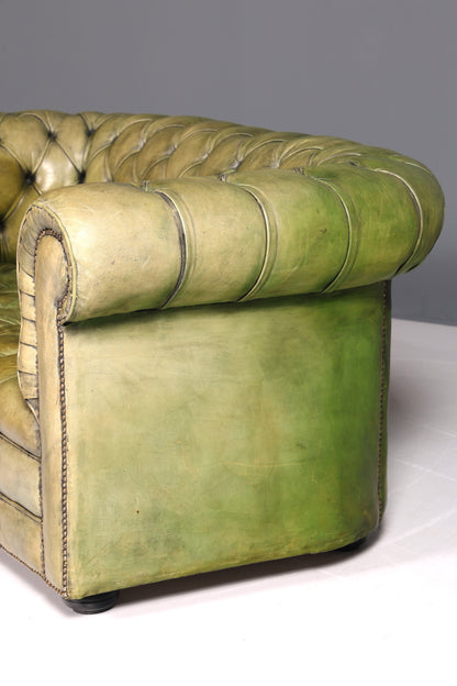 Magnifique canapé Chesterfield original 2 places, vert anglais, cuir véritable, canapé 2 places