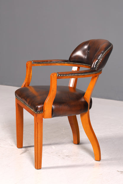 Wunderschöner Chesterfield Armlehnstuhl Braun Echt Leder Englisch Bürostuhl Schreibtischstuhl Sekretär Stuhl Court Chair 3 von 4