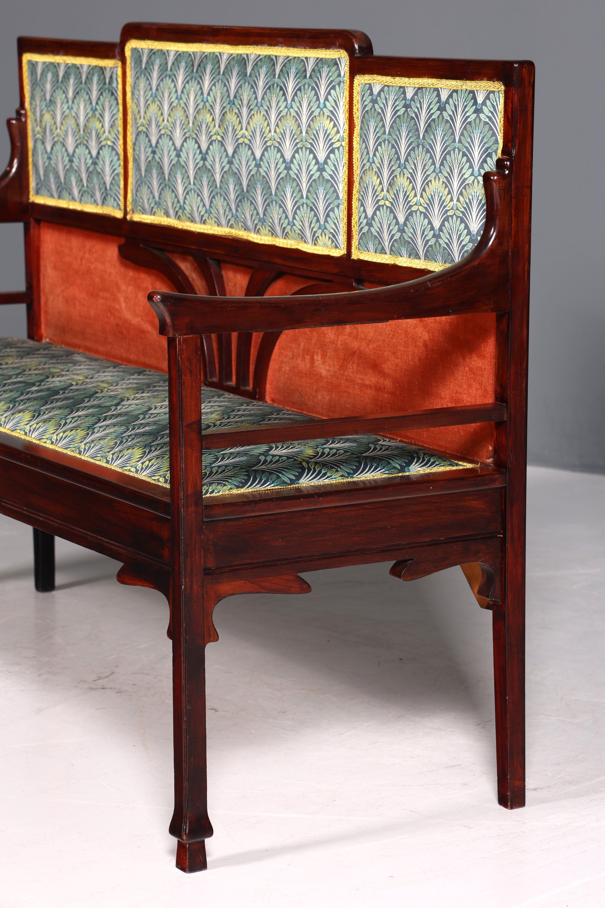 Magnifique banc Art nouveau, banc ancien, canapé en bois, banc capitonné, banc en bois