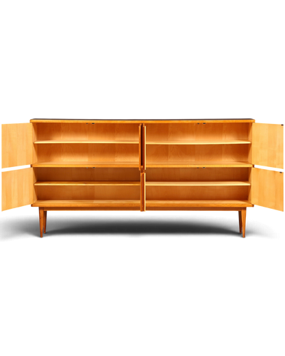 Hauptstadt Möblerei Mid Century Highboard aus hellem Holz mit acht offenen Türen und verstellbaren Einlegeböden