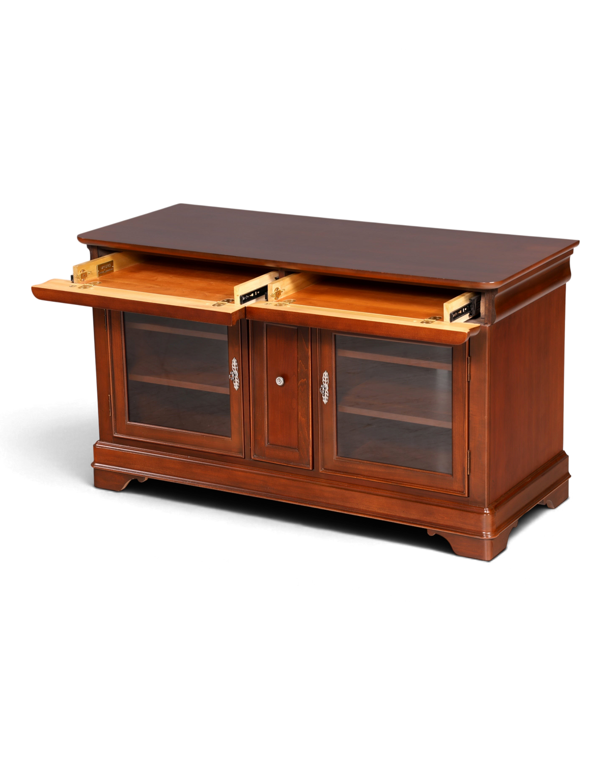Hauptstadt Möblerei Sideboard aus dunklem Holz mit zwei Glastüren und zwei ausziehbaren Schubladen im klassischen Stil