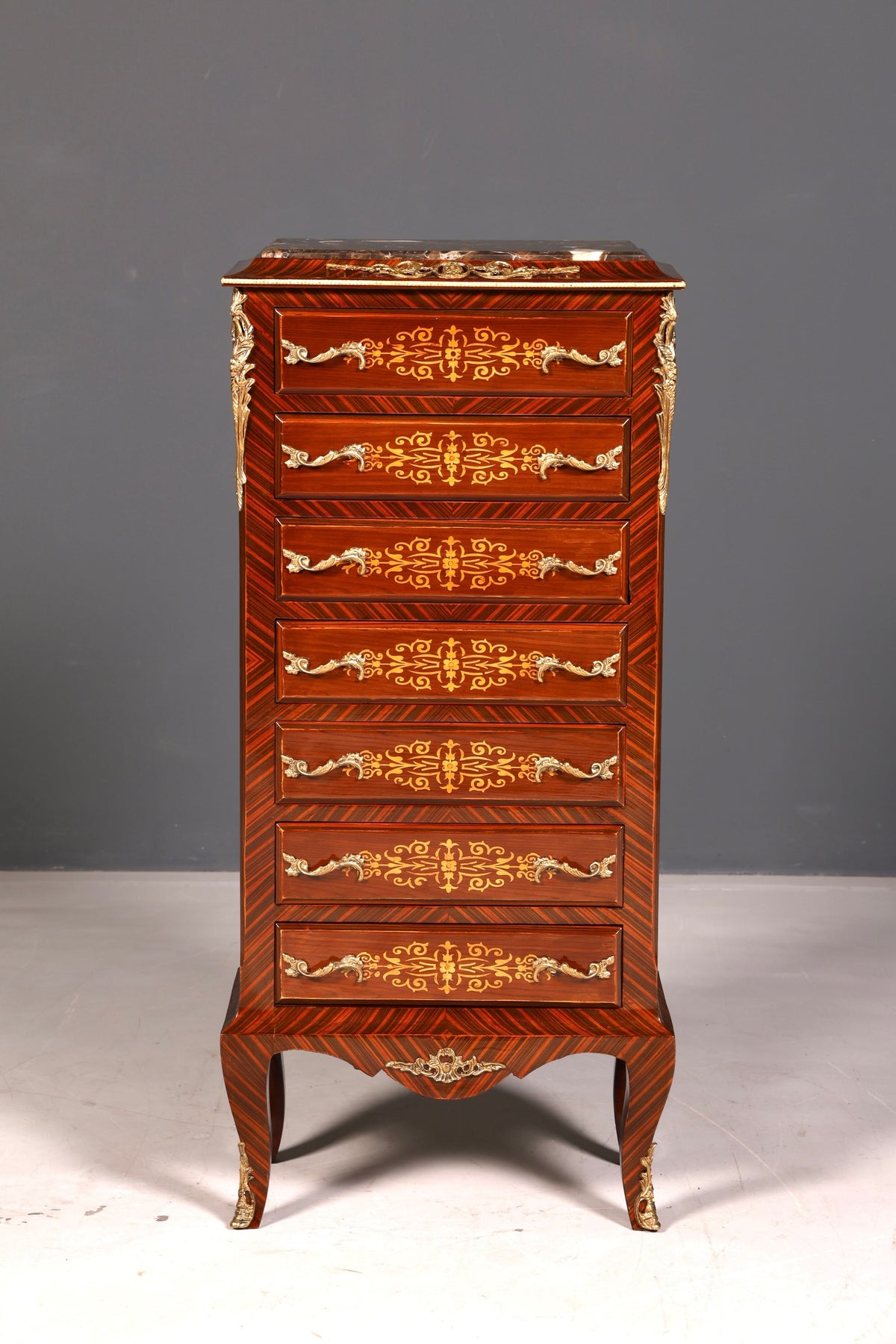 Magnifique buffet haut de style baroque Louis XV, marbre, vertiko, commode marquetée