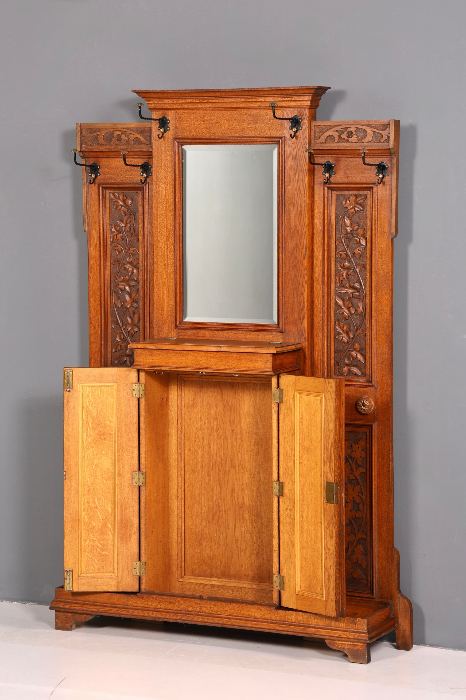 Traumhafte Jugendstil Garderobe Flurgarderobe Eiche Antik Kleiderwand mit Spiegel Dielenmöbel Wandgarderobe