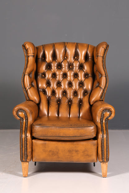Fauteuil à oreilles Chesterfield original en cuir véritable, fauteuil club anglais en cuir, fauteuil inclinable en cuir souple, style antique vintage
