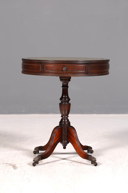Edler Englischer Trommeltisch Mahagoni Beistelltisch Drum Table mit grüner Lederauflage Antik Vintage