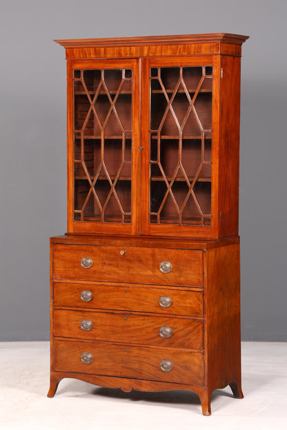 Magnifique secrétaire anglais à abattant avec partie supérieure, secrétaire ancien, bibliothèque vitrine en acajou, meuble de bureau, Royaume-Uni