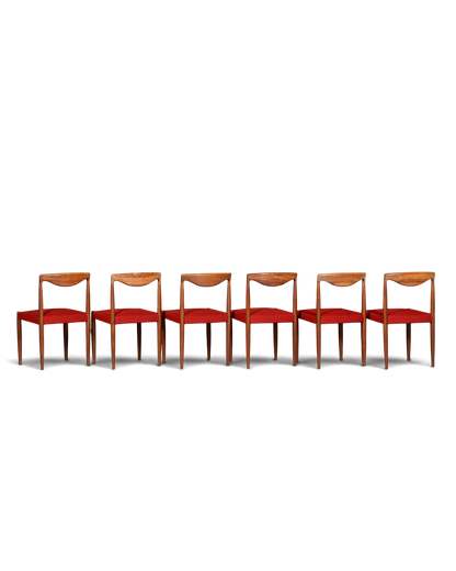 Hauptstadt Möblerei 6er-Set Bambi Stühle aus Holz mit rotem Stoffbezug im Mid-Century Design