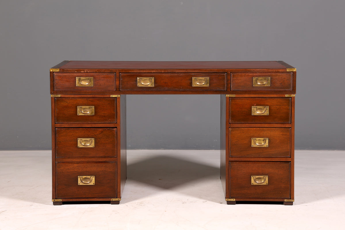 Edler Maritimer Schreibtisch Englischer Military Chest Bürotisch Office Table echt Lederauflage