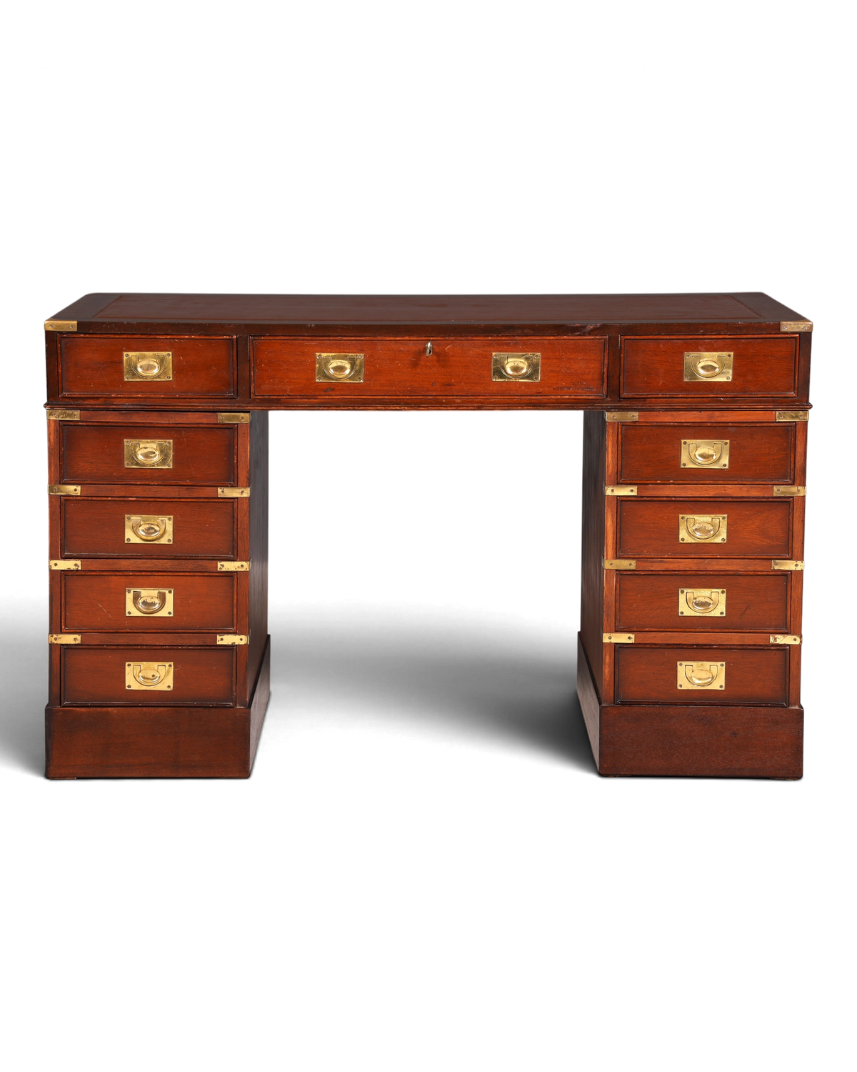 Hauptstadt Möblerei maritimer Military Chest Schreibtisch aus Holz mit Messingbeschlägen und Lederauflage