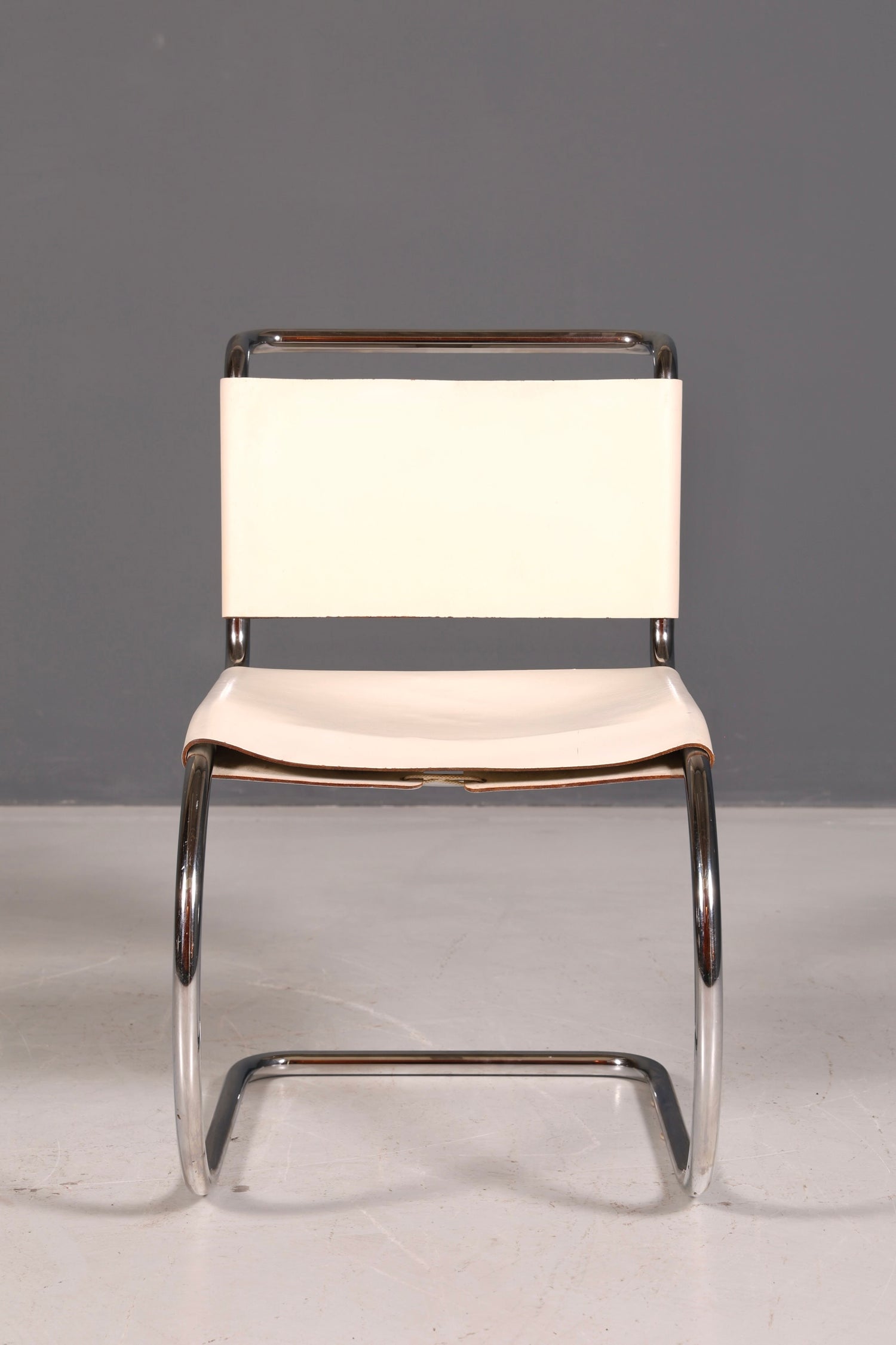Edler Original Knoll International Freischwinger Stuhl MR Chair Mies van der Rohe Chrom Leder Weiß Bauhaus Designklassiker Sekretär Stuhl Esszimmer Stuhl 2 von 2