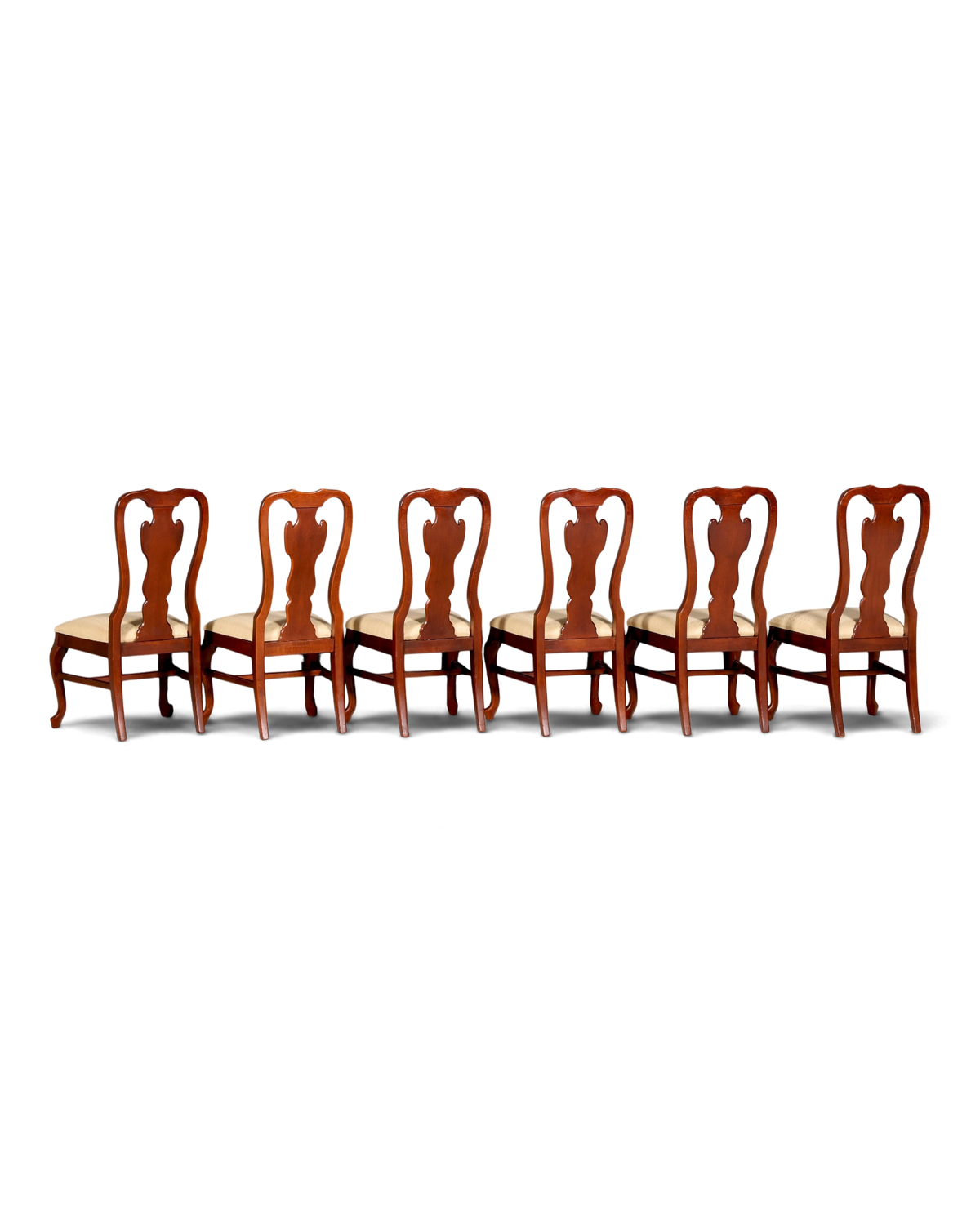 Hauptstadt Möblerei Set aus sechs Drexel Heritage Chippendale Stühlen aus Holz mit beigem Polster