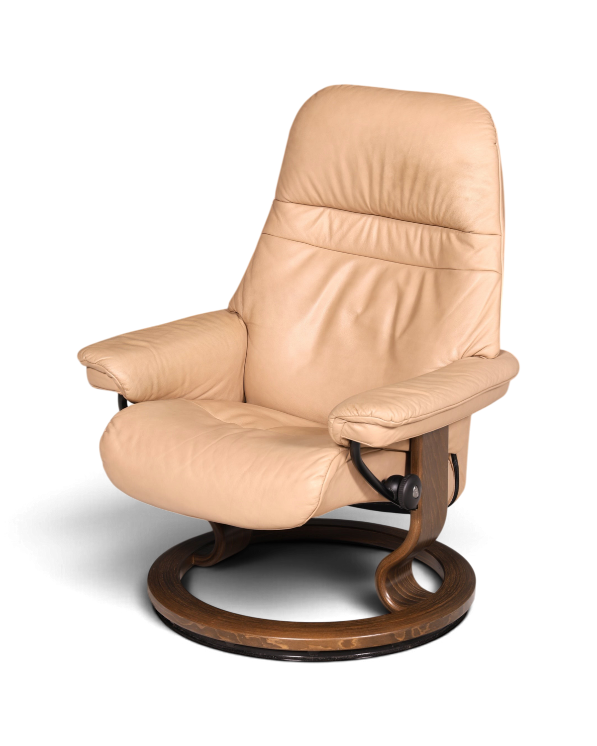 Hauptstadt Möblerei Stressless Sunrise Relaxsessel aus beigem Echtleder mit dunklem Holzfuß und Drehfunktion