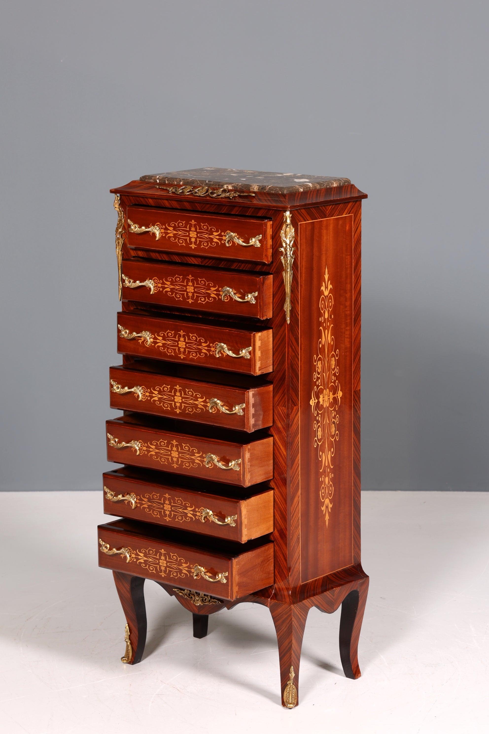 Wunderschönes Barock Stil Louis XV Highboard Marmor Vertiko Intarsien Kommode