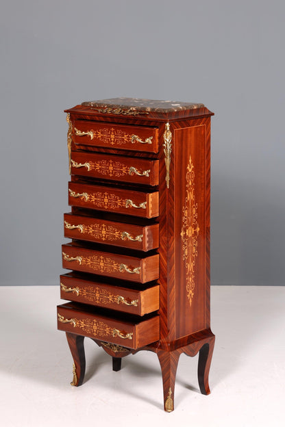 Wunderschönes Barock Stil Louis XV Highboard Marmor Vertiko Intarsien Kommode