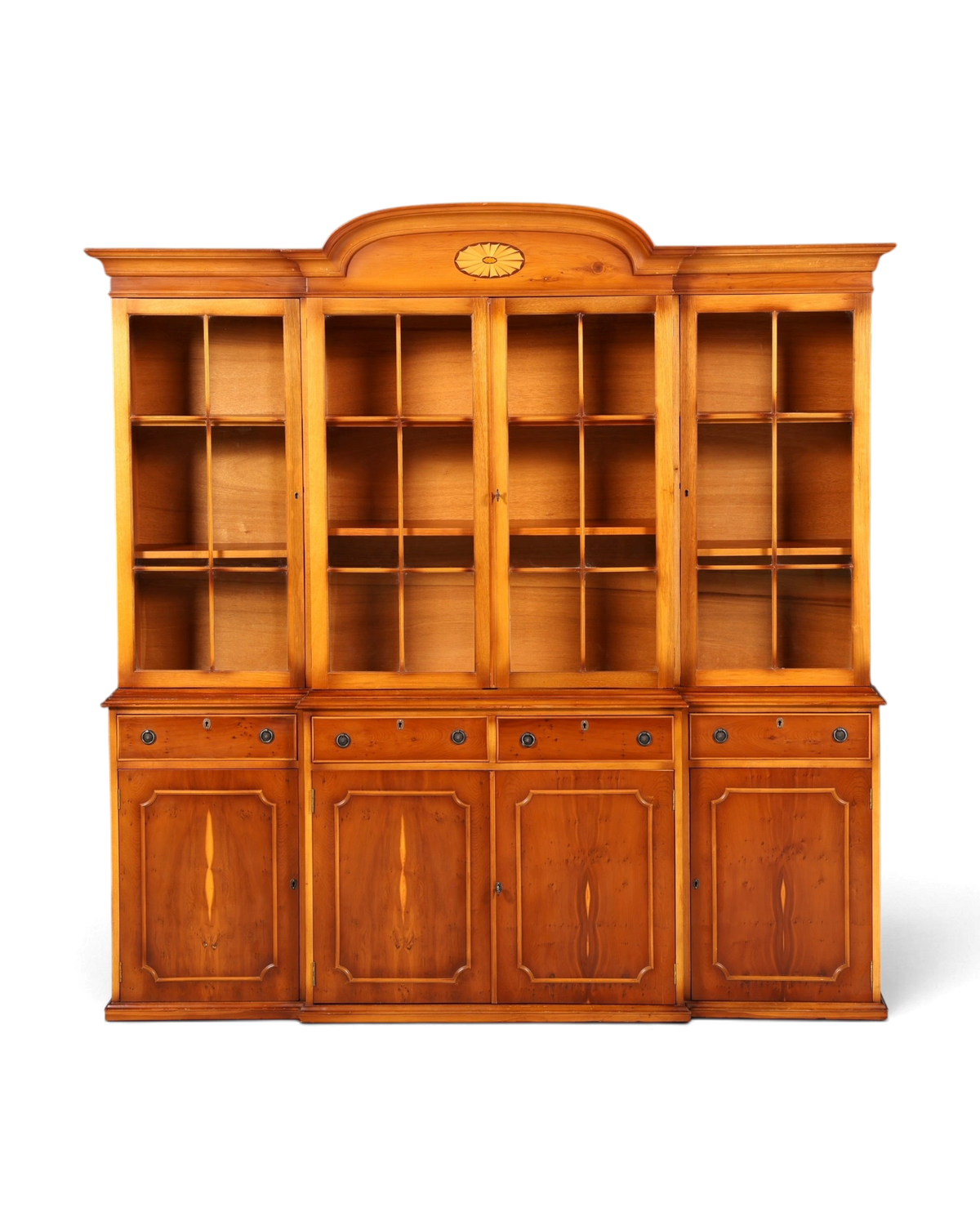 Hauptstadt Möblerei englische Vitrine aus Eibenholz mit Glasfront, Schubladen und dekorativem Intarsienmedaillon