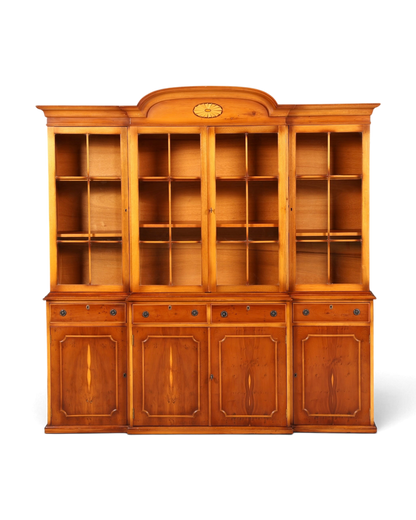 Hauptstadt Möblerei englische Vitrine aus Eibenholz mit Glasfront, Schubladen und dekorativem Intarsienmedaillon