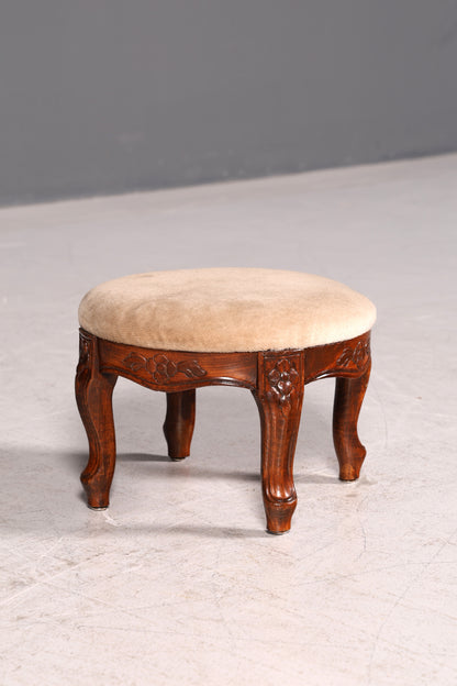 Wunderschöner Antiker Hocker Fußhocker Beige Samt Schemel Barock Stil Fußbank Sitzhocker Vintage
