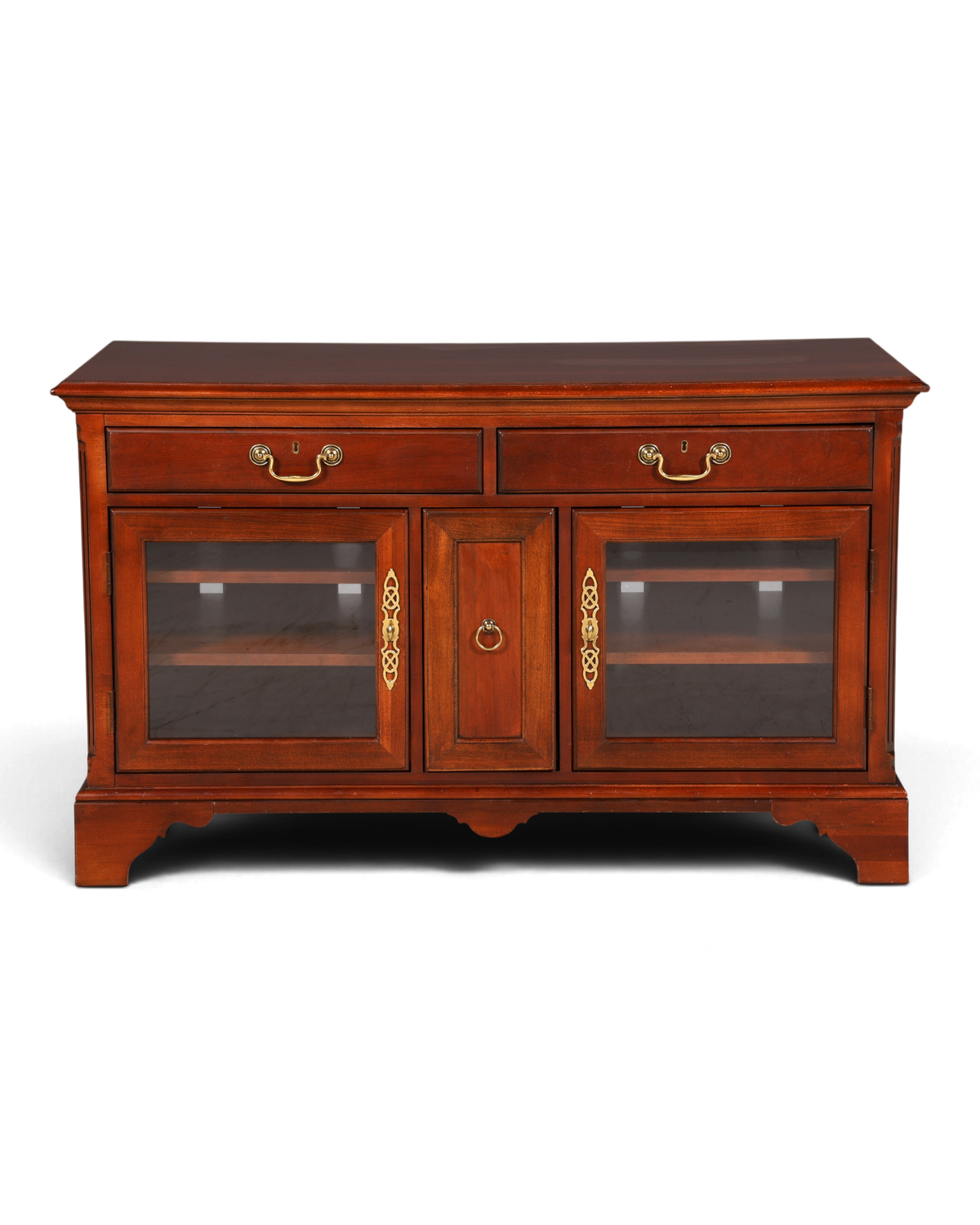 Hauptstadt Möblerei Sideboard aus dunklem Holz mit zwei Schubladen, Glastüren und goldenen Beschlägen