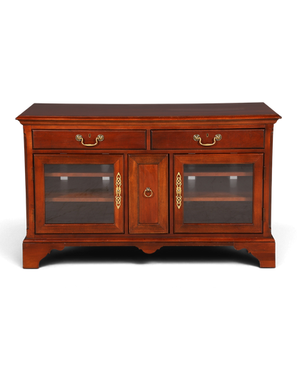 Hauptstadt Möblerei Sideboard aus dunklem Holz mit zwei Schubladen, Glastüren und goldenen Beschlägen