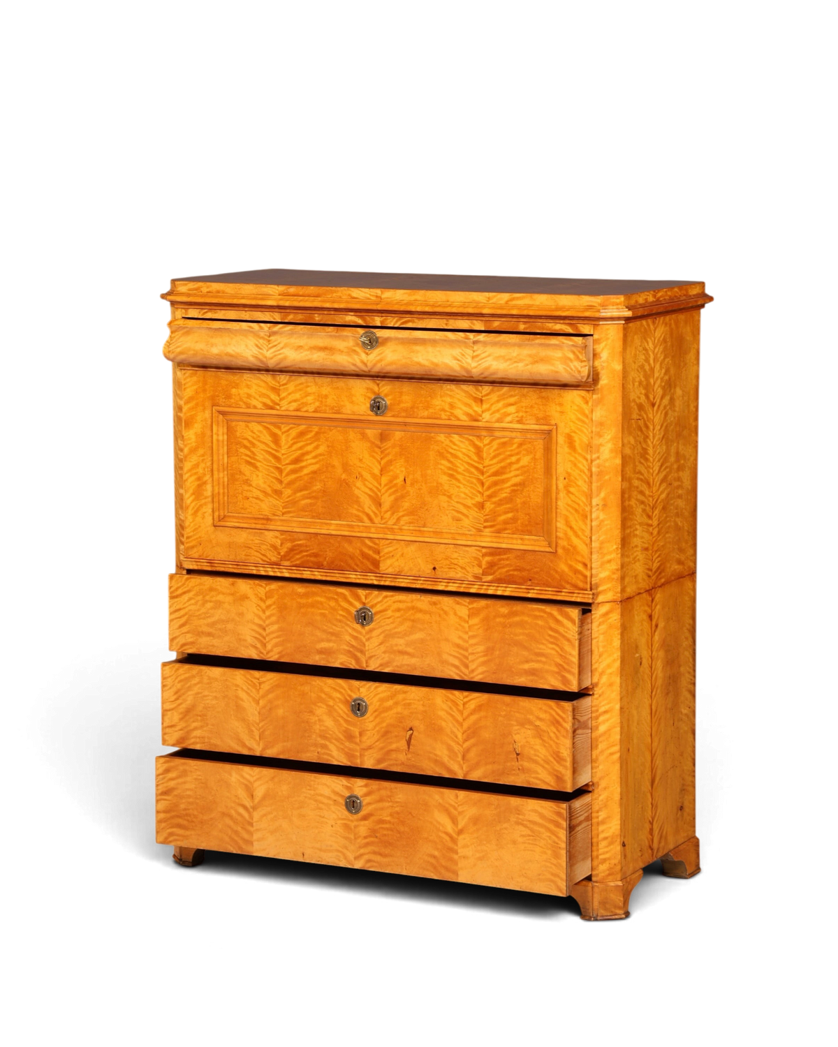 Hauptstadt Möblerei antiker Biedermeier Sekretär aus hellem Echtholz mit markanter Maserung und drei Schubladen