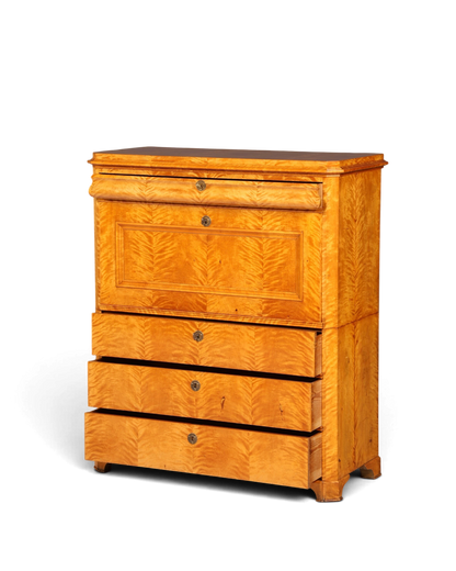 Hauptstadt Möblerei antiker Biedermeier Sekretär aus hellem Echtholz mit markanter Maserung und drei Schubladen
