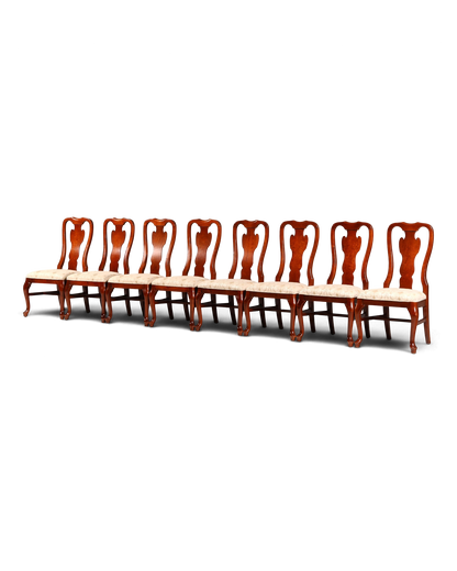 Hauptstadt Möblerei Set aus acht Drexel Heritage Chippendale Stühlen aus Holz mit hellem Stoffbezug