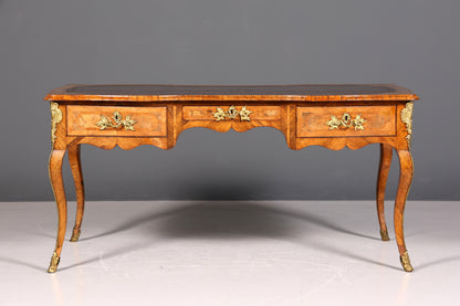 Bureau Louis XV original et majestueux de 1780, bureau plat français en cuir véritable, bureau de bureau ancien