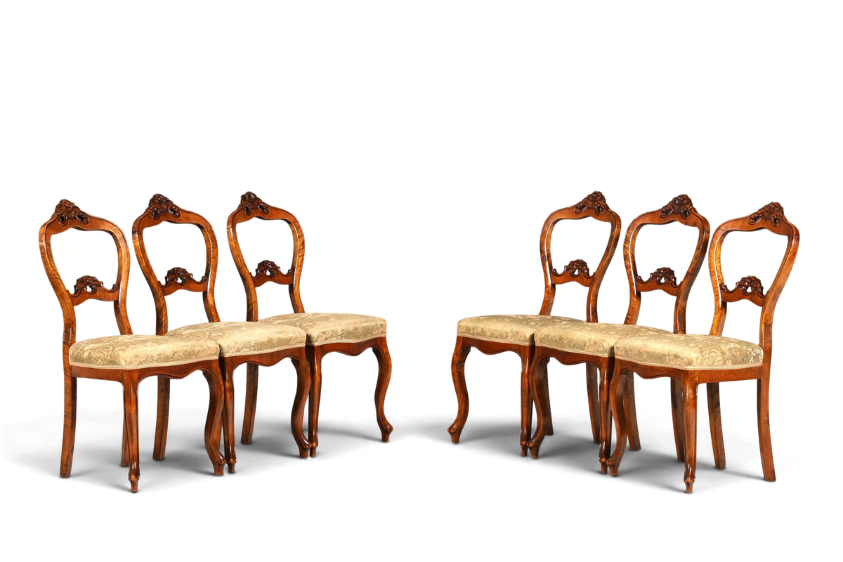 Hauptstadt Möblerei 6er-Set antike Louis Philippe Biedermeier Stühle aus Holz mit gemustertem Polsterbezug