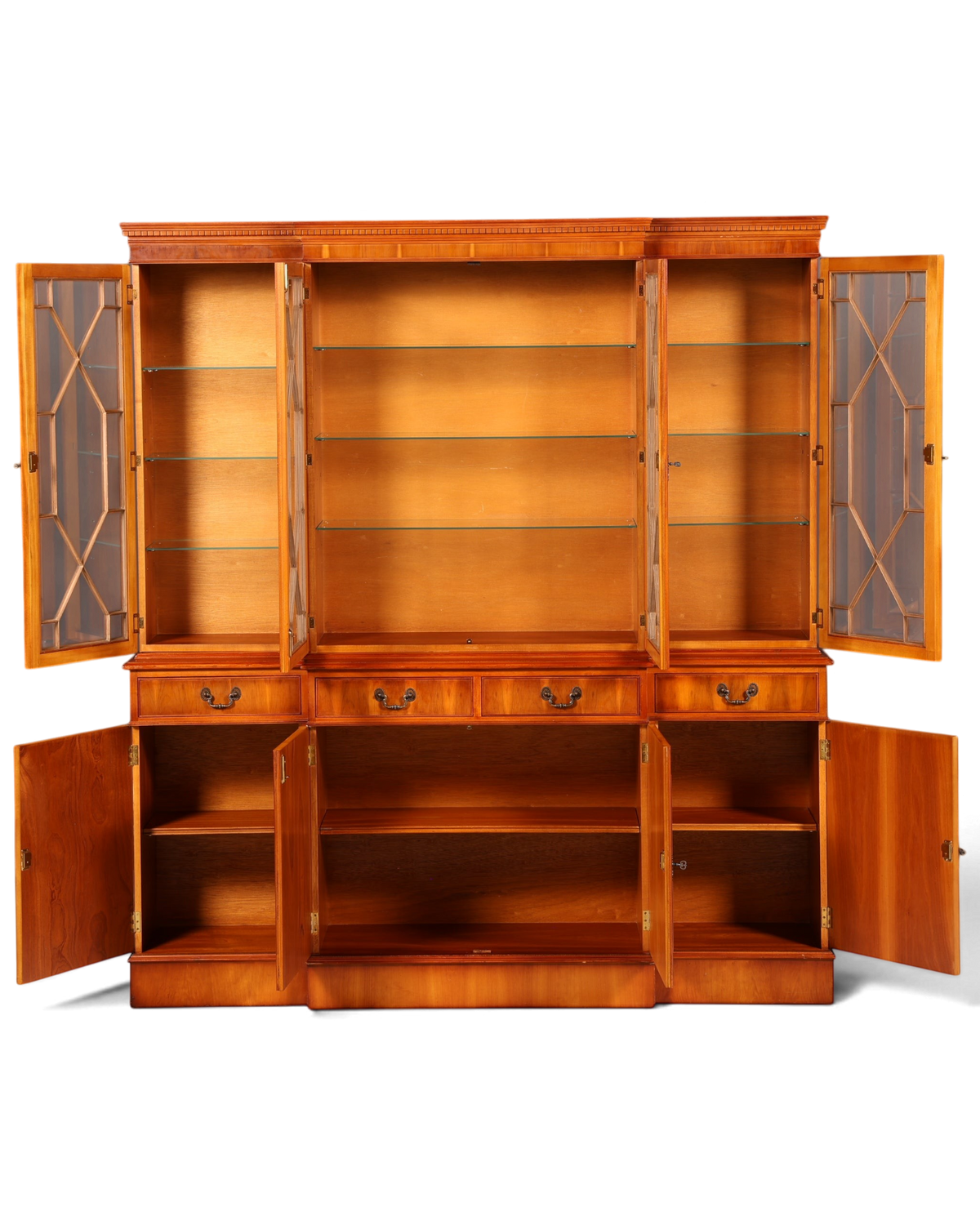 Hauptstadt Möblerei englische Vitrine aus Eibenholz mit verglasten Türen, Regalböden und Schubladen im klassischen Stil