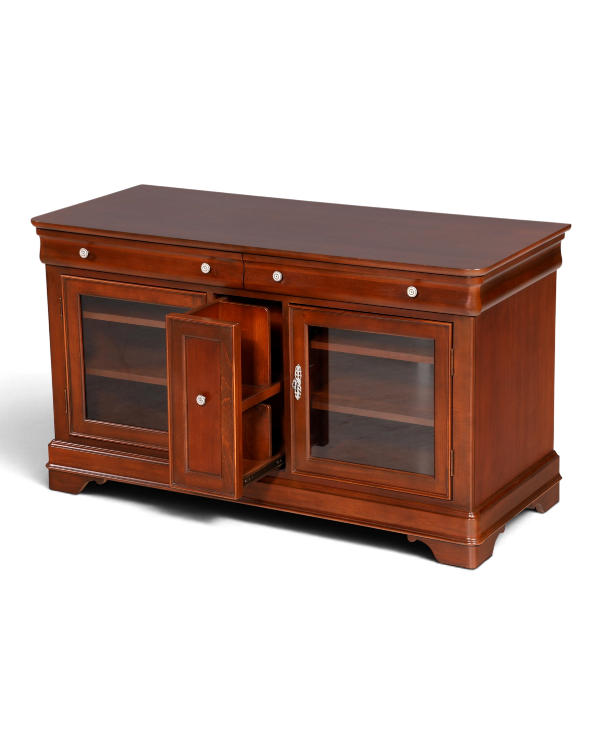 Hauptstadt Möblerei H887 Sideboard aus dunklem Holz mit zwei Glastüren und Schubladen im klassischen Design