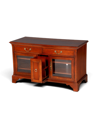Hauptstadt Möblerei Sideboard aus dunklem Holz mit zwei Schubladen, Glastüren und einem ausziehbaren Flaschenregal