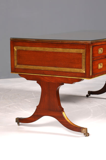F939 Finish Edler Maritimer Schreibtisch Englischer Military Chest Bürotisch Office Table mit echt Lederauflage