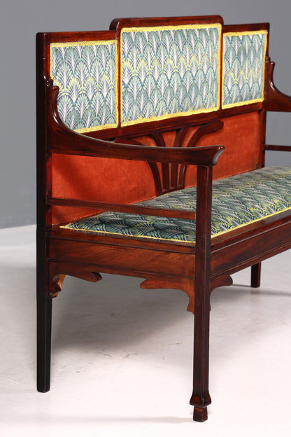 Magnifique banc Art nouveau, banc ancien, canapé en bois, banc capitonné, banc en bois