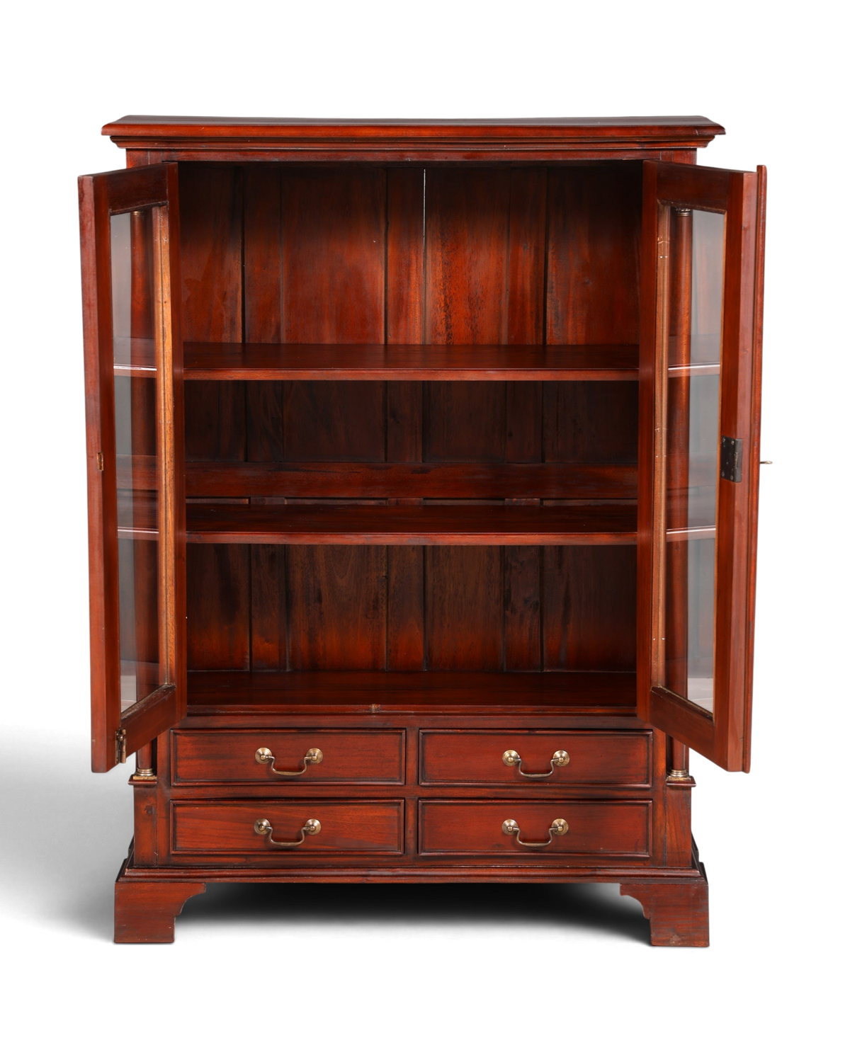 Hauptstadt Möblerei Vitrinenschrank aus dunklem Holz mit zwei Glastüren und vier Schubladen im klassischen Design