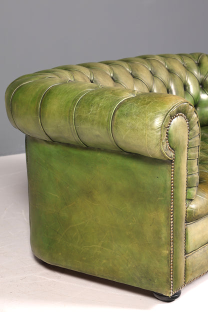Magnifique canapé Chesterfield original 2 places, vert anglais, cuir véritable, canapé 2 places