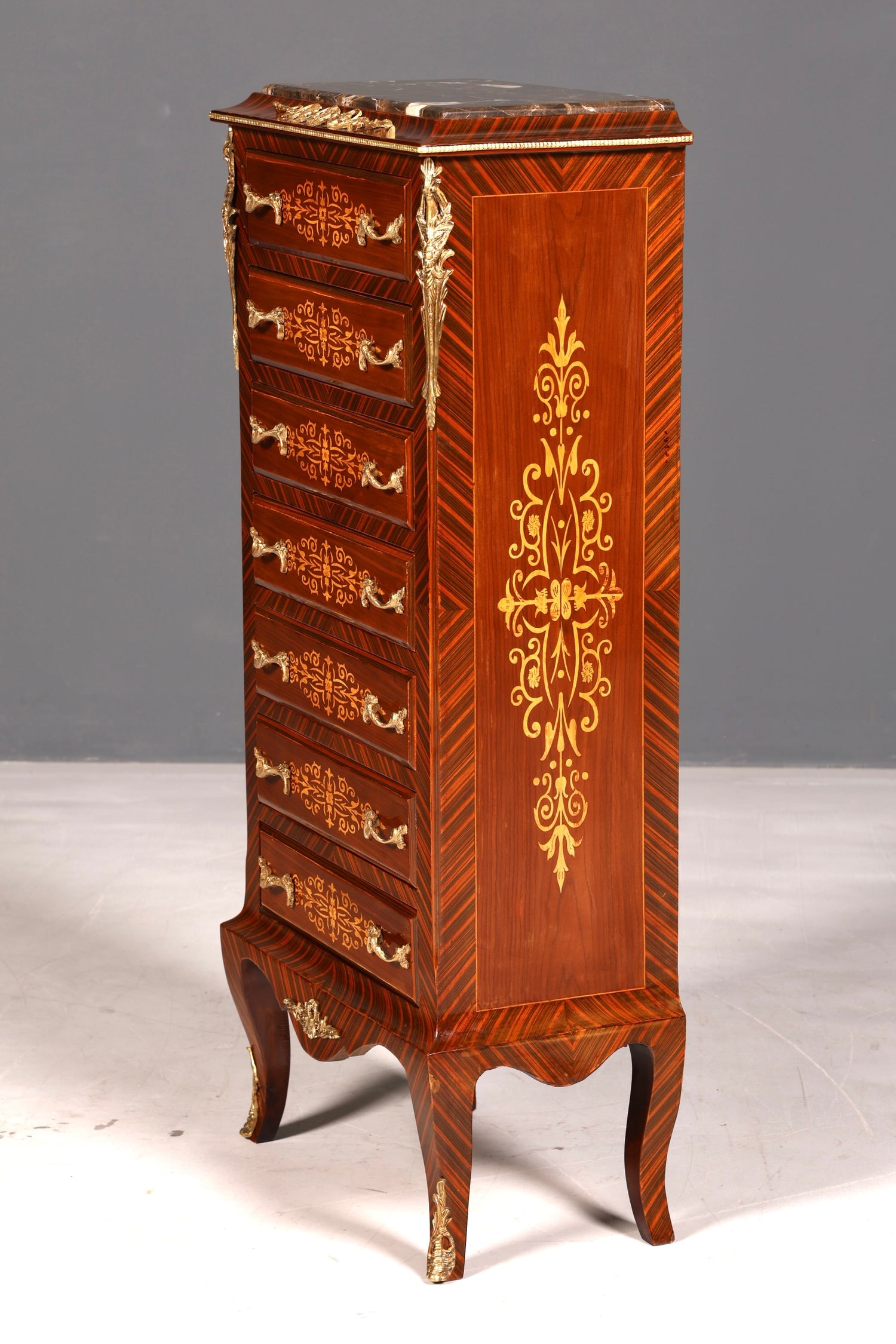 Magnifique buffet haut de style baroque Louis XV, marbre, vertiko, commode marquetée