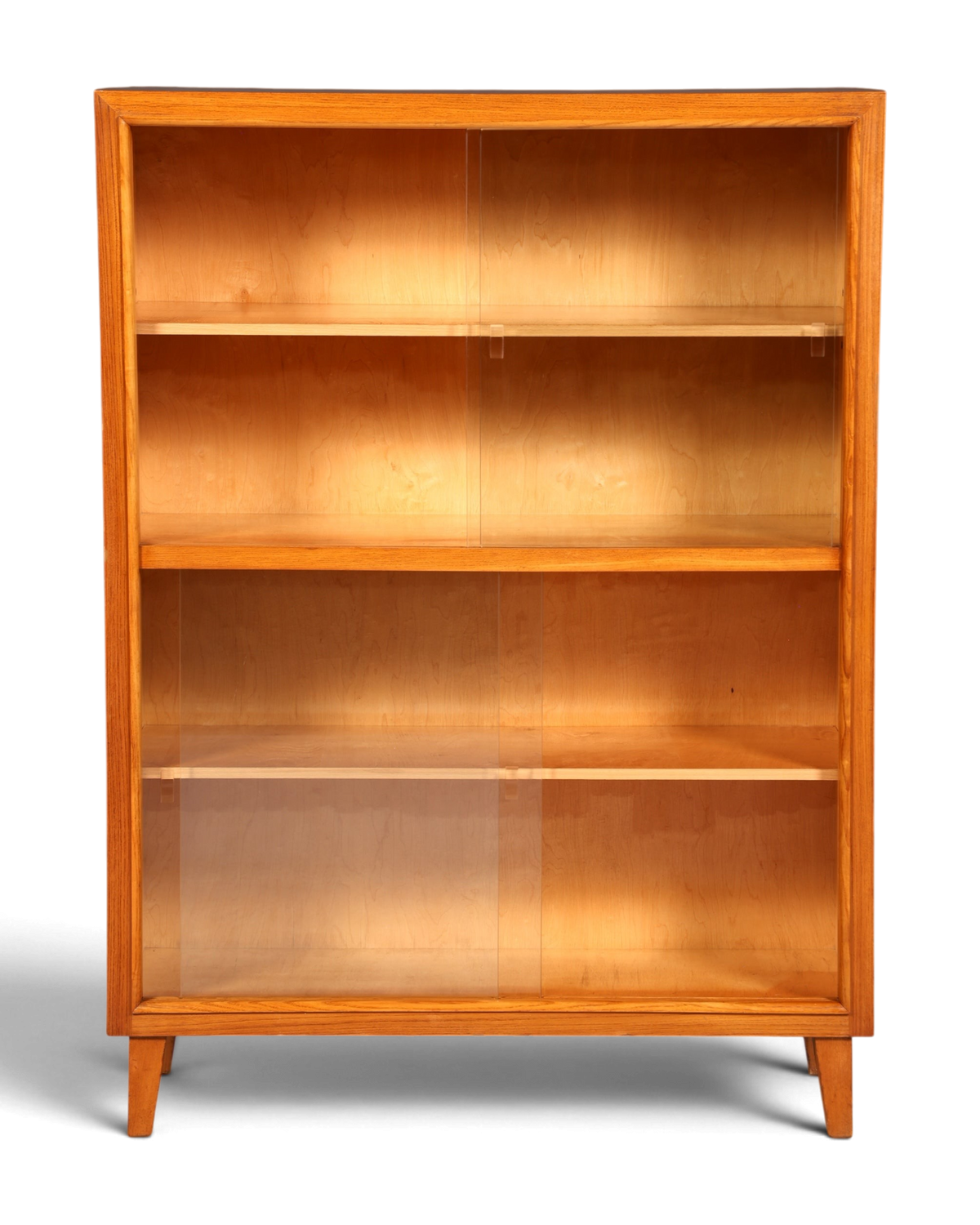 Hauptstadt Möblerei Bücherregal aus hellem Holz mit zwei transparenten Schiebetüren und drei Regalfächern