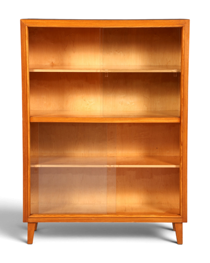 Hauptstadt Möblerei Bücherregal aus hellem Holz mit zwei transparenten Schiebetüren und drei Regalfächern