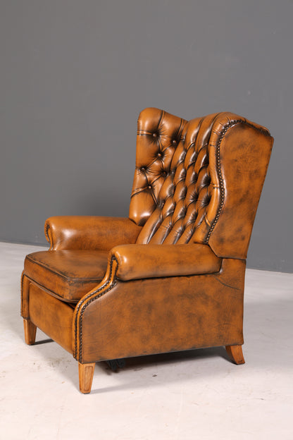 Magnifique fauteuil à oreilles Chesterfield original en cuir véritable anglais, fauteuil de maître, fauteuil relax inclinable, vintage