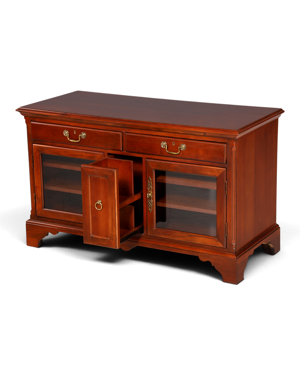 Hauptstadt Möblerei H867 Sideboard aus dunklem Holz mit zwei Schubladen, Glastüren und goldenen Beschlägen