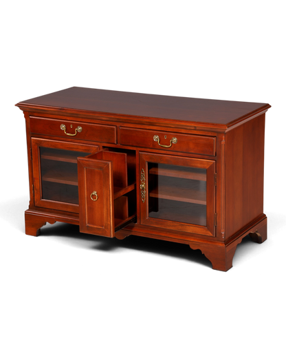 Hauptstadt Möblerei H867 Sideboard aus dunklem Holz mit zwei Schubladen, Glastüren und goldenen Beschlägen