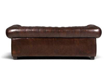 Hauptstadt Möblerei Original Chesterfield 3-Sitzer Sofa aus braunem Echtleder mit klassischer Knopfheftung, Rückansicht