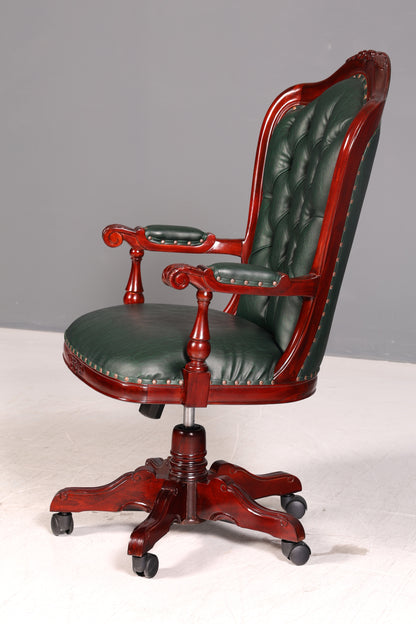 Edler Chesterfield Chefsessel Bürostuhl Grün Mahagoni Schreibtischstuhl Drehstuhl Englisch Vintage