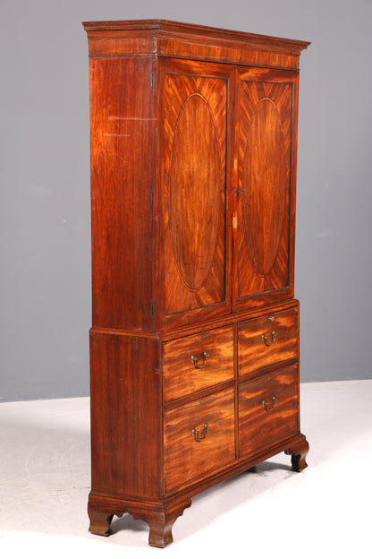 Beeindruckender Antiker Englischer Wäscheschrank Mahagoni Kleiderschrank um 1900 Dielenschrank Schrank