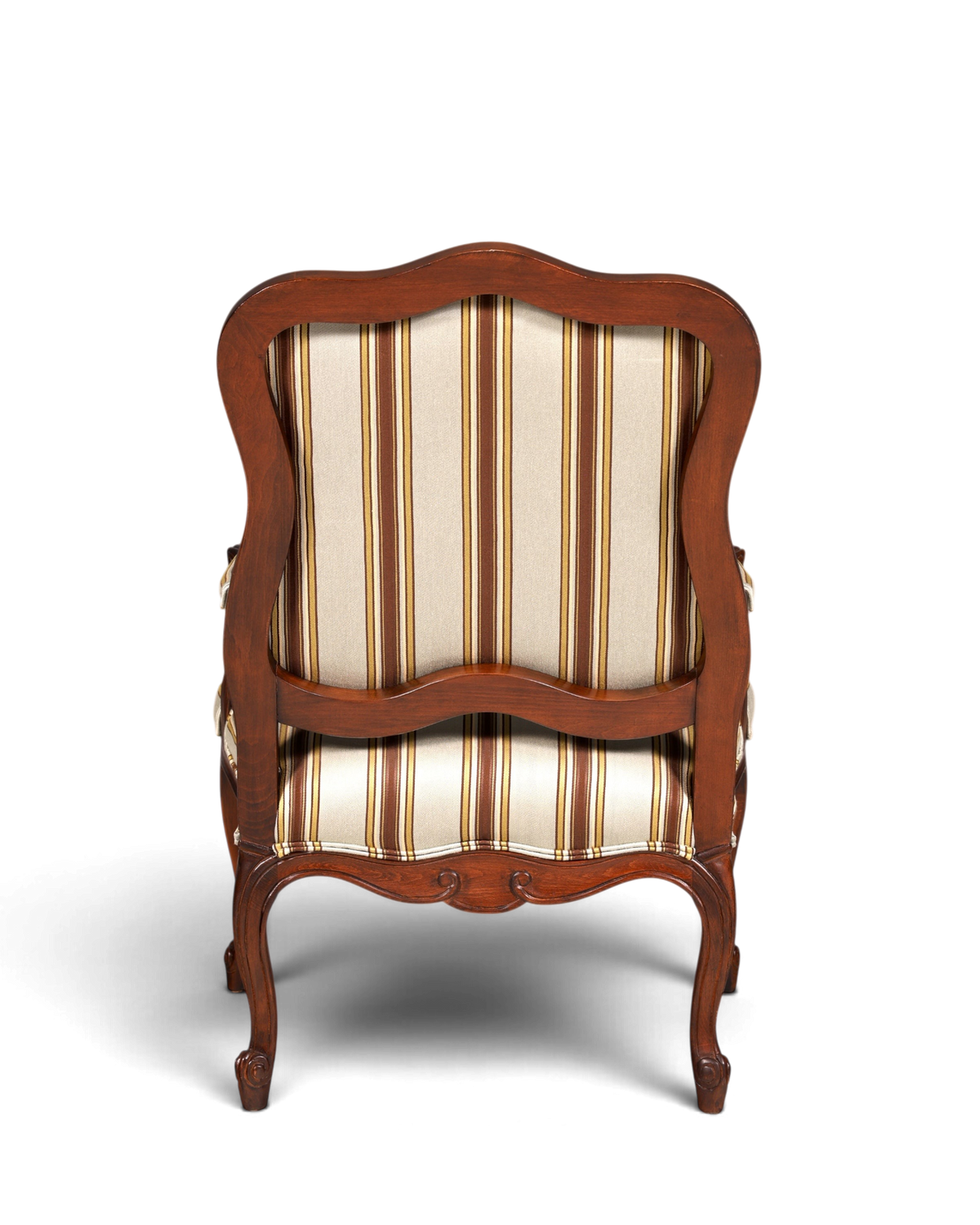 Hauptstadt Möblerei Drexel Heritage Monica Chair Armlehnsessel mit gestreiftem Stoffbezug und dunklem Holzrahmen
