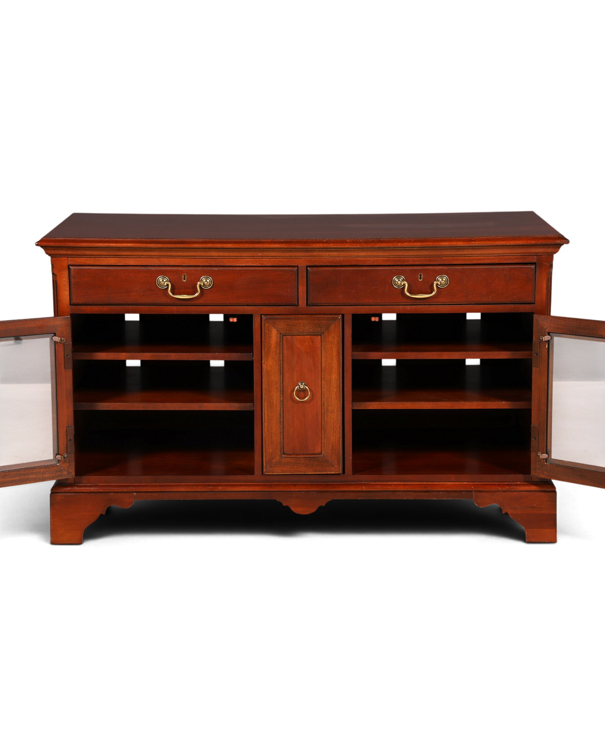 Hauptstadt Möblerei H868 Sideboard aus dunklem Holz mit zwei Schubladen, Messinggriffen und offenen Regalfächern
