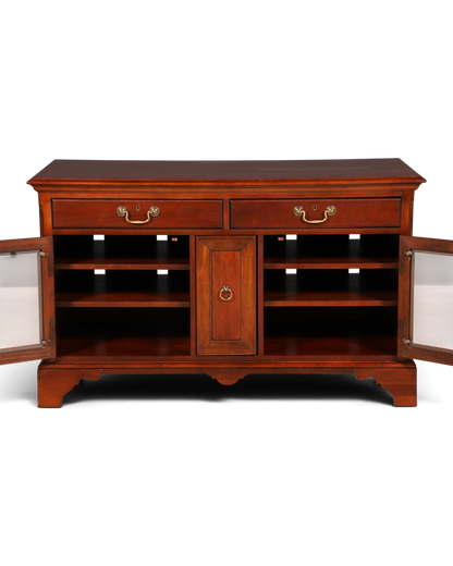 Hauptstadt Möblerei H868 Sideboard aus dunklem Holz mit zwei Schubladen, Messinggriffen und offenen Regalfächern