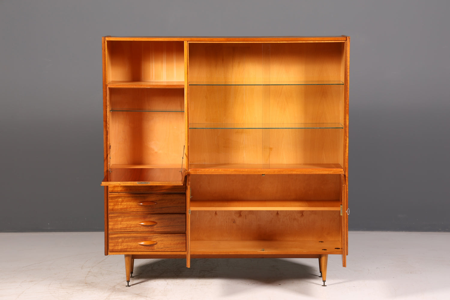 Wunderschöner Mid Century Schrank Vintage Highboard Vitrine Bücherschrank Wohnzimmerschrank Barschrank echt Holz 60er