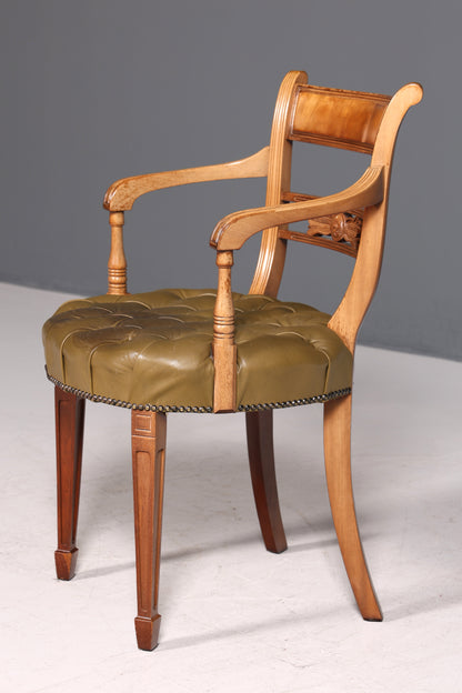 Magnifique fauteuil Chesterfield, chaise secrétaire Anno Dom, chaise de cuisine anglaise en cuir véritable, 2 sur 2